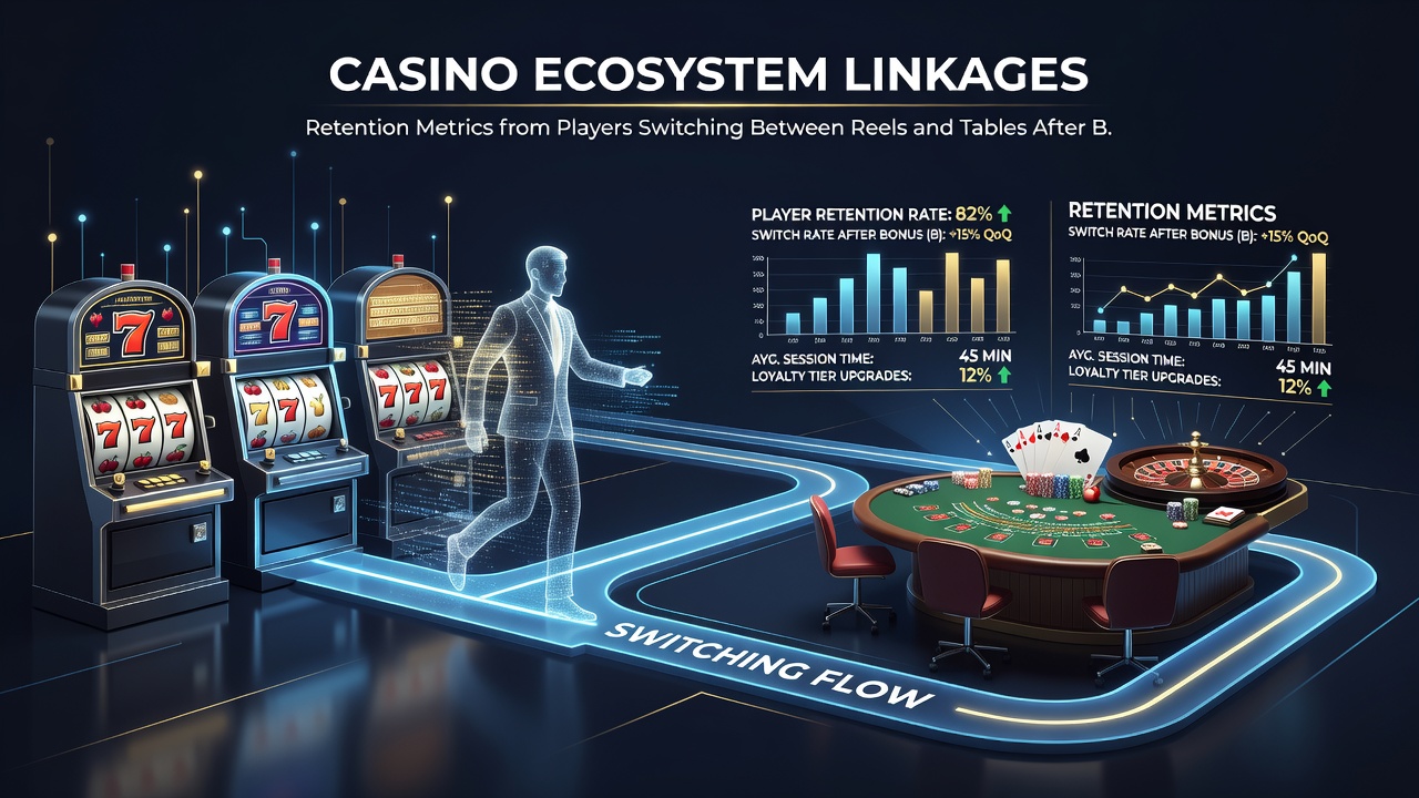 Data visualization dashboard displaying player retention curves and transition rates between slot and table sections