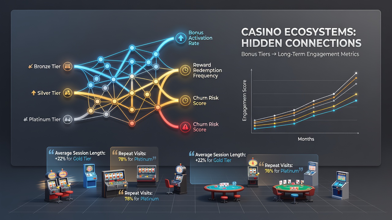 Infographic illustrating statistical correlations between casino bonus tiers, player retention rates, and engagement metrics from 2026 data