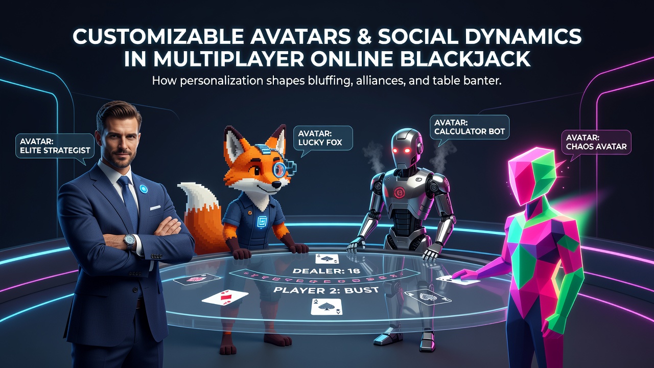 Players interacting through customizable avatars at a virtual blackjack table