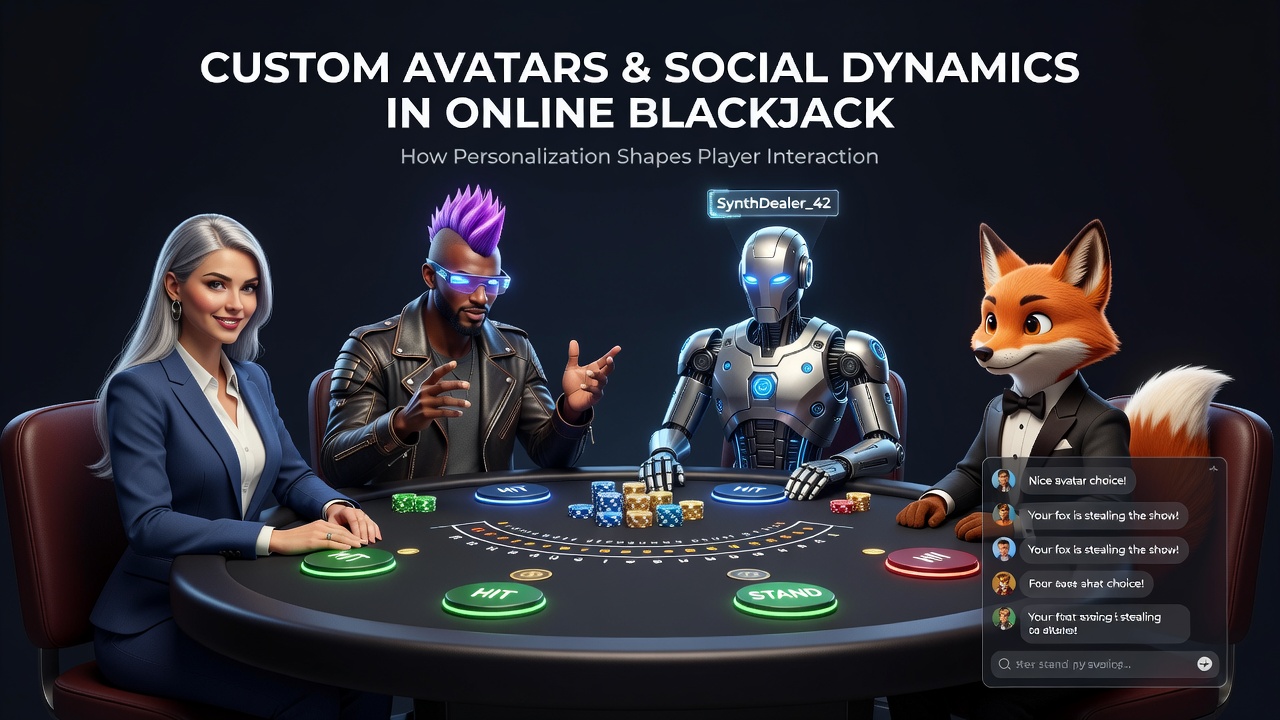 Group of avatars gathered around an online blackjack table showing varied customizations