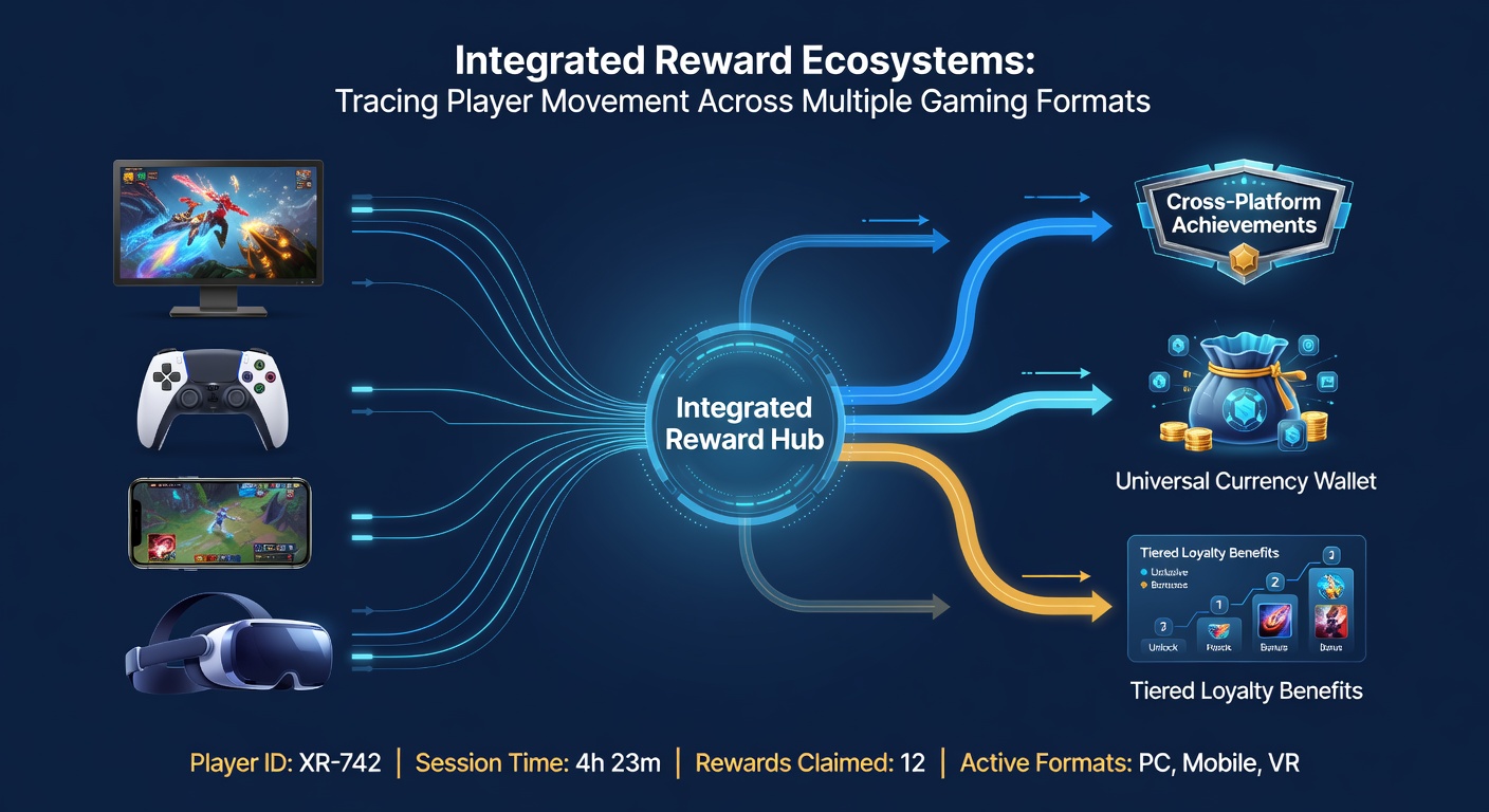 Infographic illustrating player journey timelines with reward points accumulating from casino floors to mobile apps and back