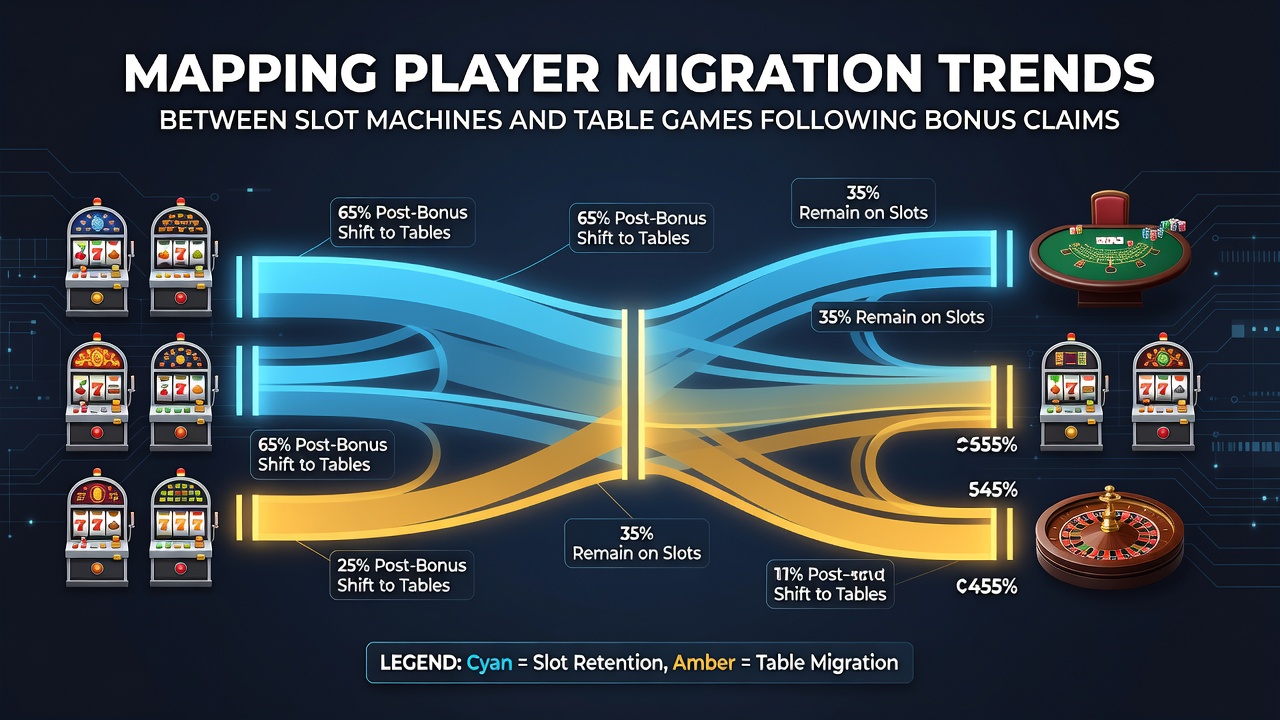 Infographic displaying migration patterns from slot machines to table games following bonus claims across multiple casino regions