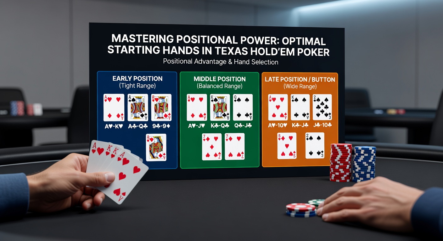 Poker players at a Texas Hold'em table highlighting different positional advantages, with chips stacked high in late positions