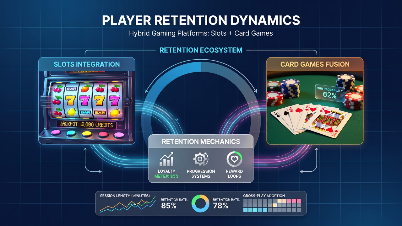 Analytics dashboard displaying player retention graphs for hybrid slot and card game sessions over time