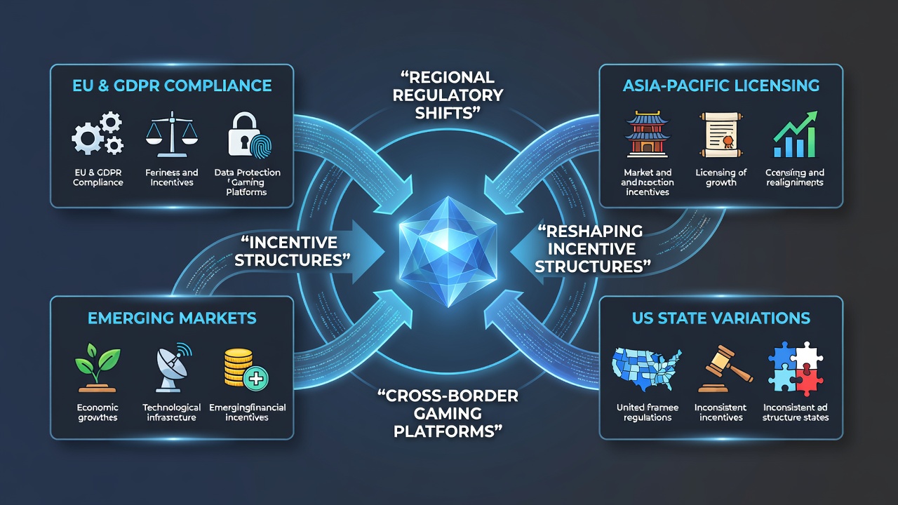 Global map highlighting regulatory zones affecting gaming platform incentives