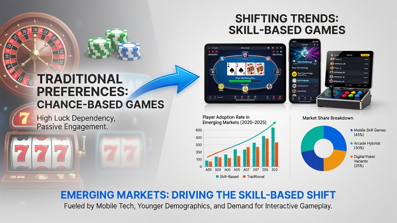 Players using mobile devices to access skill-based casino games in a modern gaming venue within an emerging market