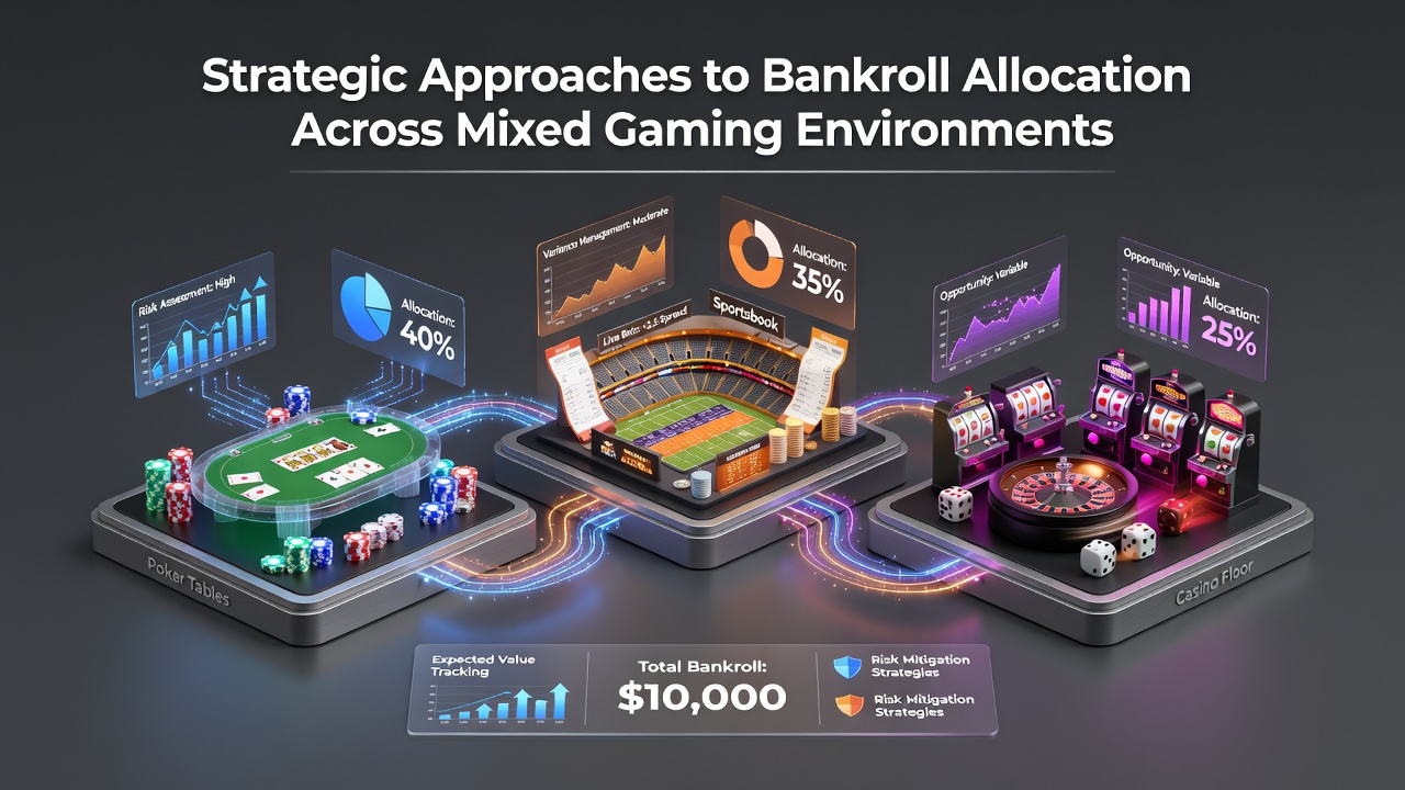 Casino floor showing slots, poker tables, and sports betting terminals side by side with players managing chips and digital interfaces