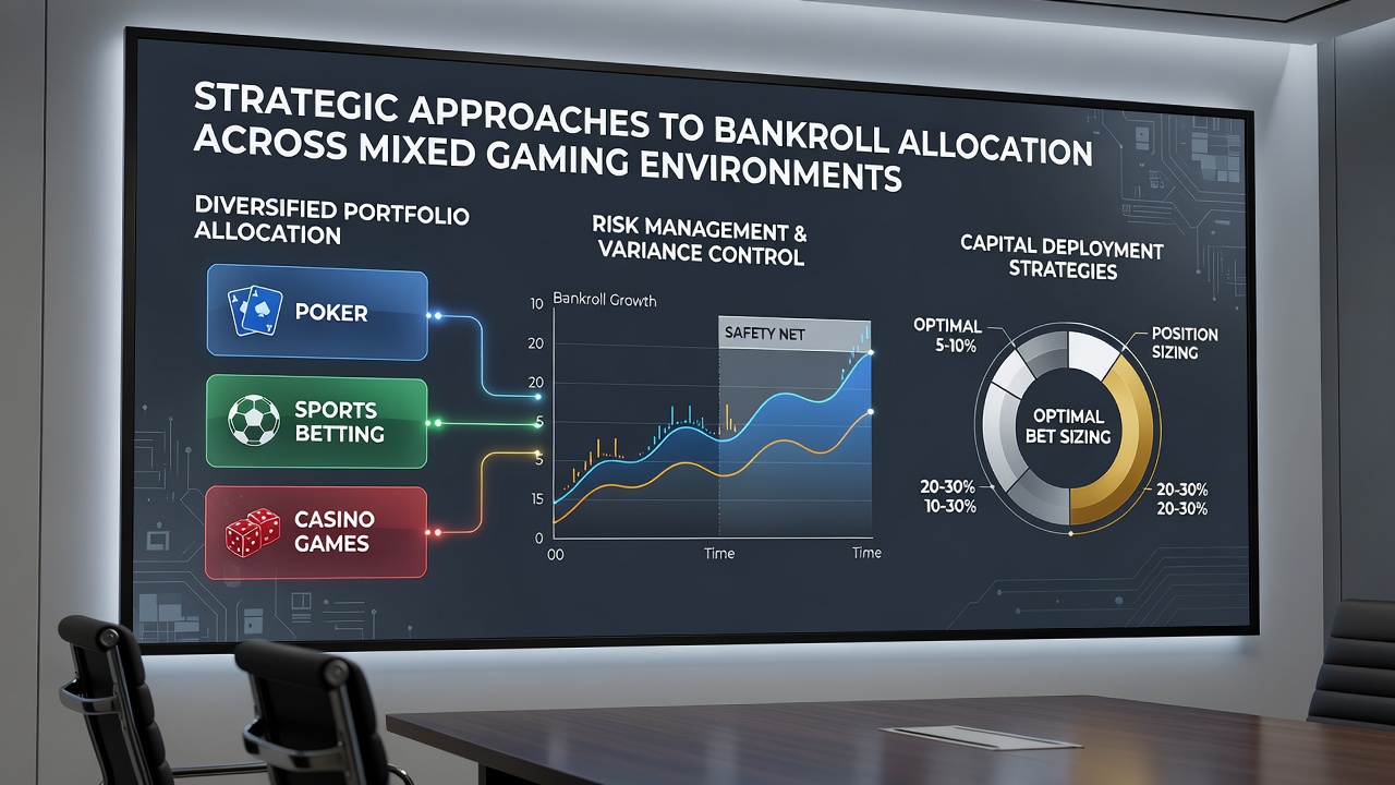 Player reviewing digital bankroll dashboard on tablet while seated between slot machines and a poker table
