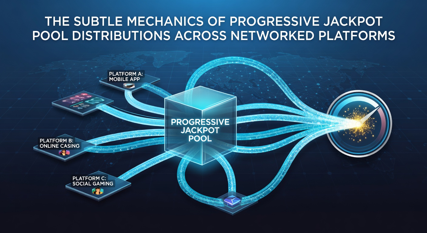 Diagram showing interconnected casino platforms contributing to a shared progressive jackpot pool with contribution percentages and distribution flows