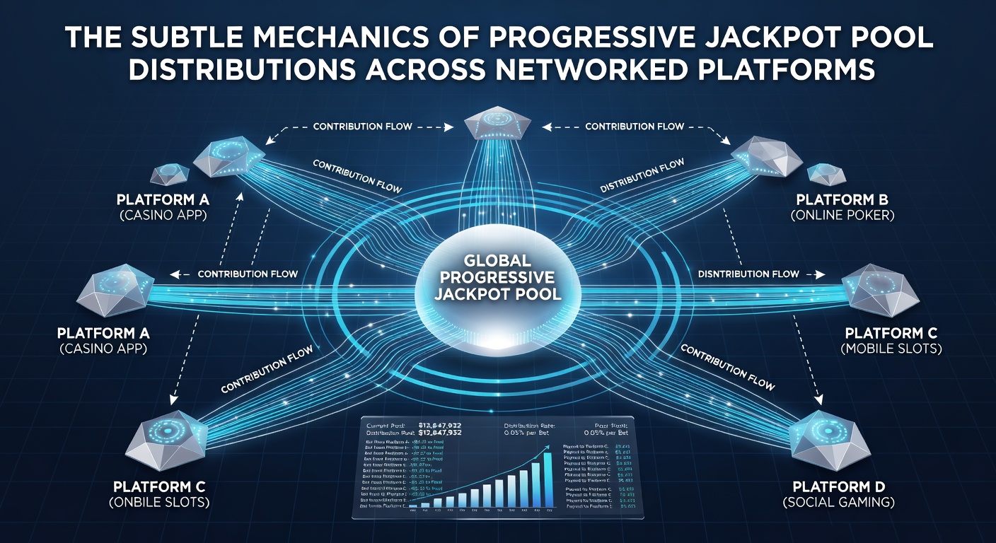 Illustration of a jackpot trigger event across multiple casino interfaces with winner notification and pool reset sequence
