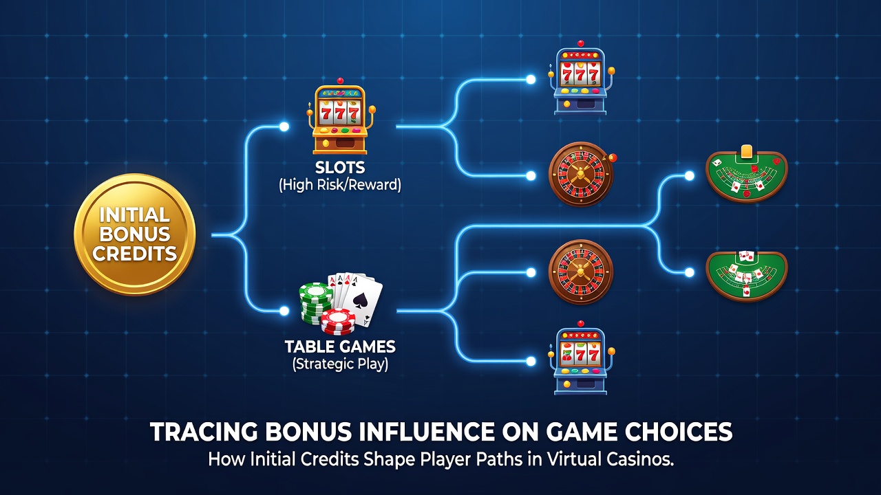 Digital casino interface displaying welcome bonus credits and game selection menu