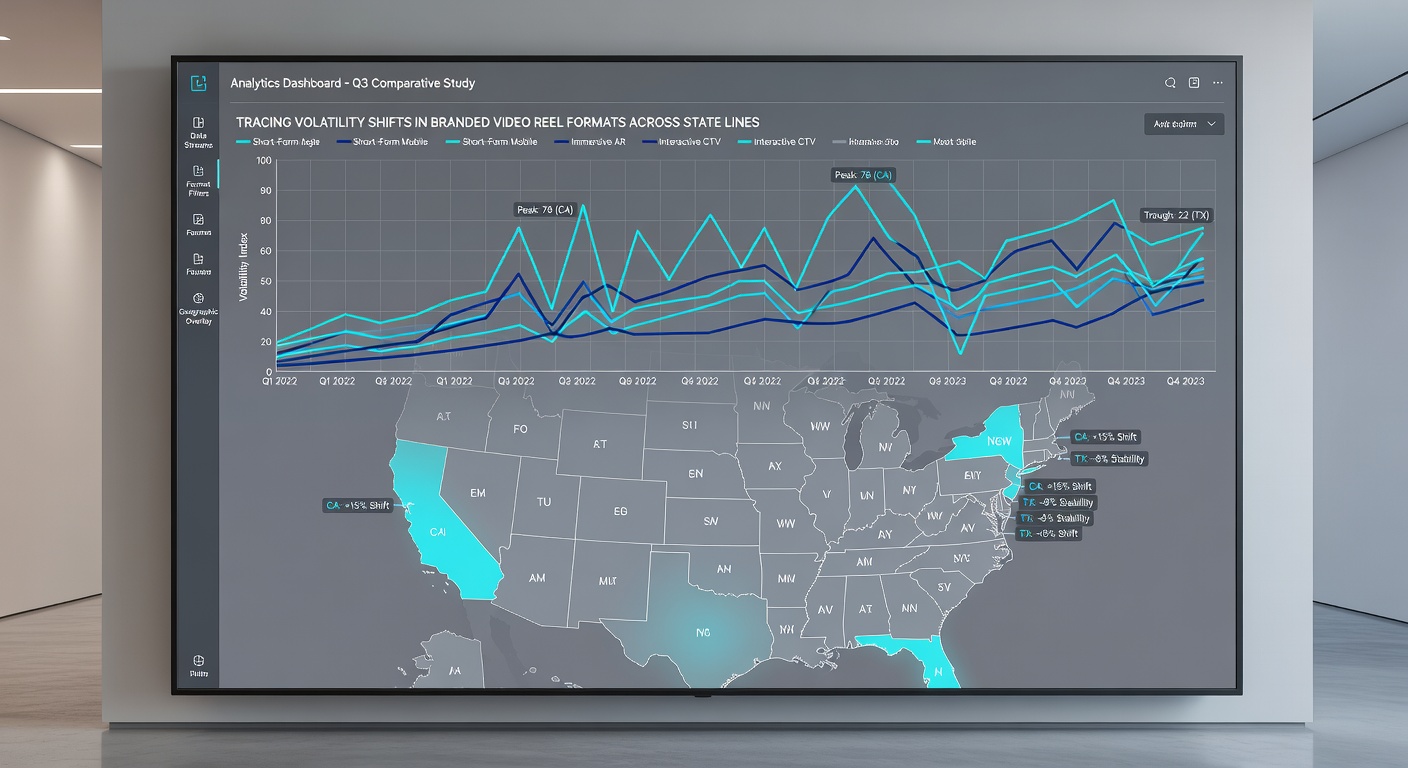 Data visualization charts showing volatility index changes for branded video reels across multiple US states in 2026