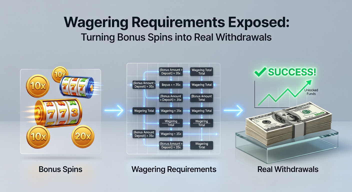 Infographic breaking down wagering calculation for bonus spins, showing math from bonus to withdrawal